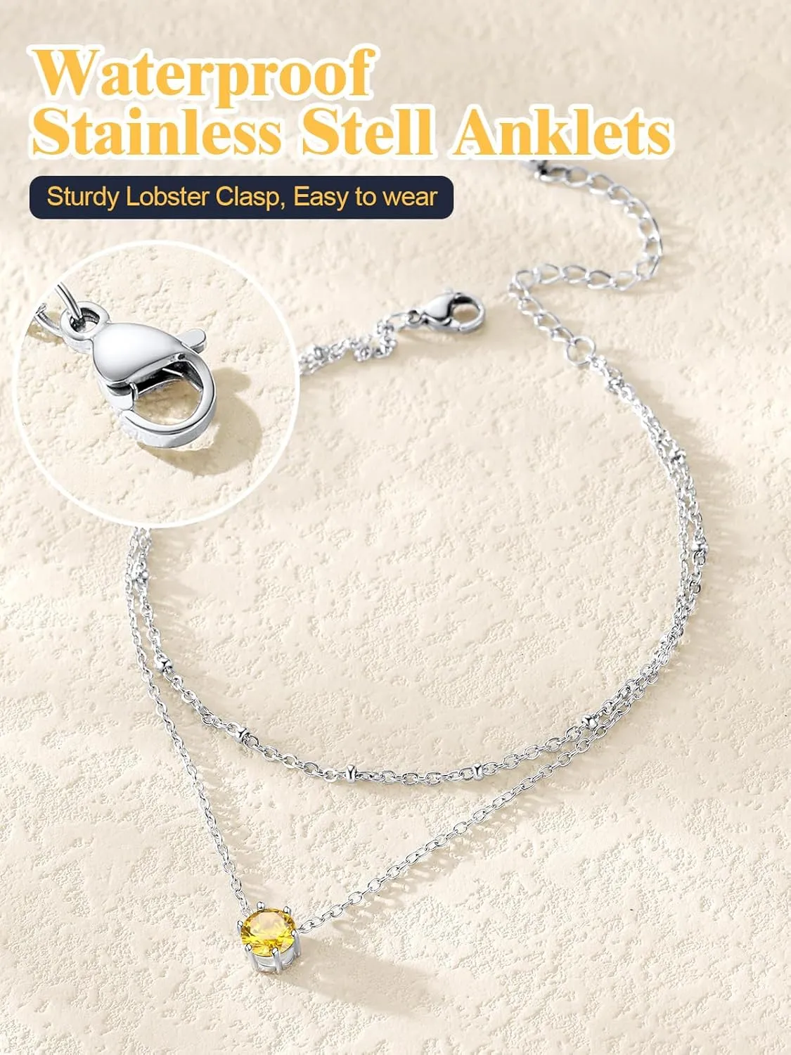 U7 Layered Silver Ankle Bracelet for Women,Round Gem Birthstone Anklets,Summer Beach Foot Jewelry,8.5"-10.5"