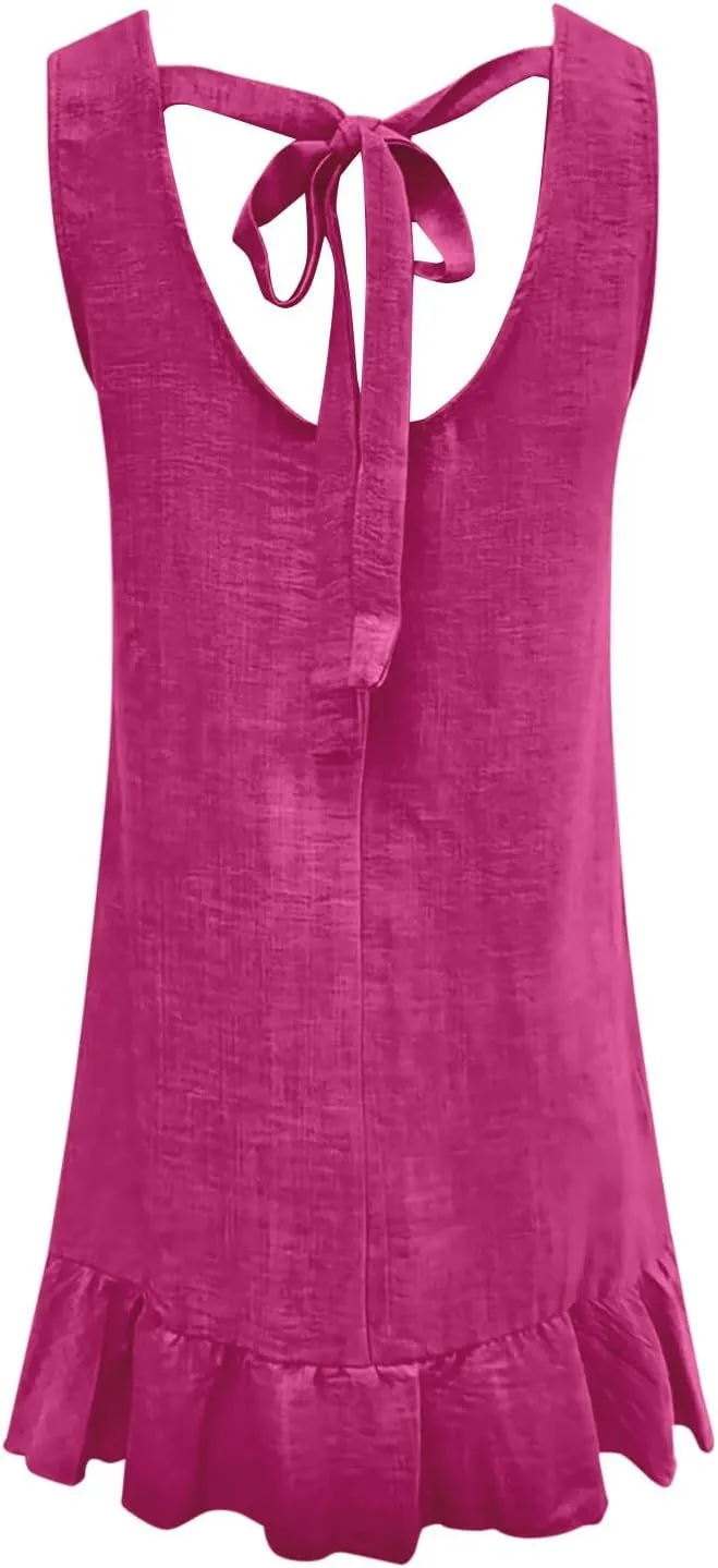 Vacation Dresses for Women 2025 Cute Halter Neck Mini Dress Sleeveless Solid Color Flowy Pleated Short Sundress