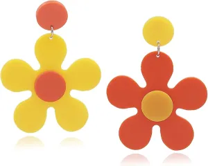 Vintage 60s 70s Big Flower Dangle Earrings - Asymmetric Daisy Boho Colorful Floral Acrylic Drop Earring for Women Costume Party