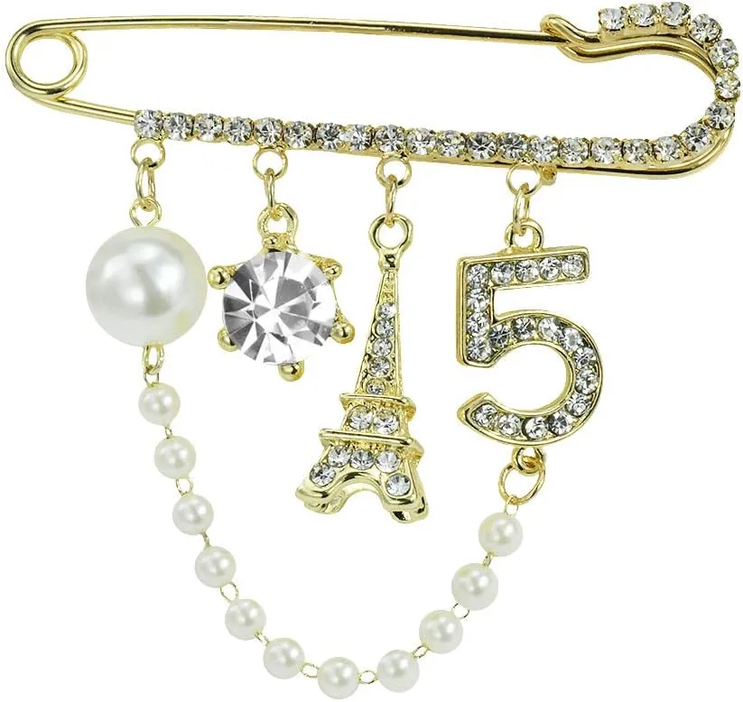 Vintage Crown Number 5 Lapel Pins and Brooches for Women Rhinestone Jewelry with Simulated Pearl