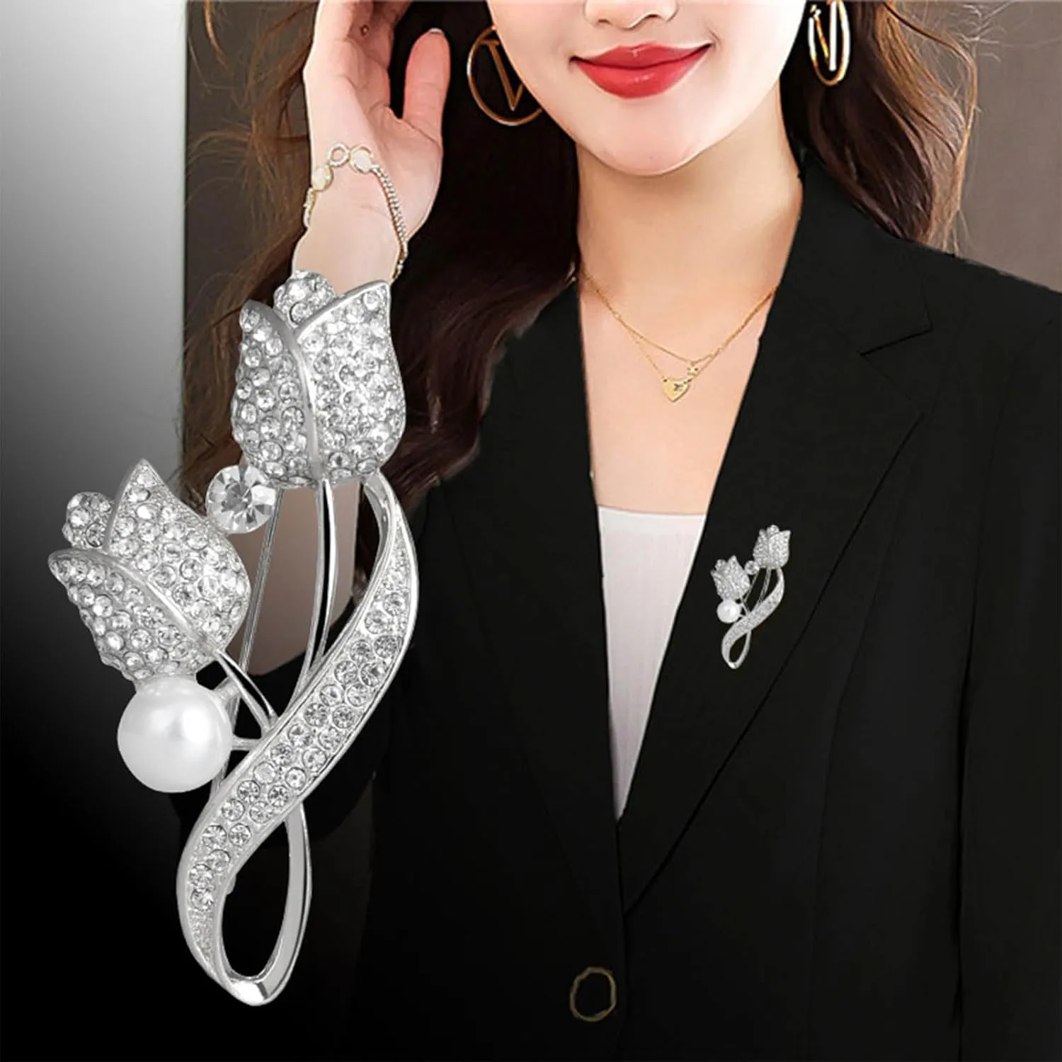 Vintage Crystal Tulip Flower Brooch Pin Rhinestone Tulip Brooch Pins Gold Tulip Brooches Anti-Exposure Brooch Lapel Pin Pearl Flower Suit Brooch Pin Jewelry for Women