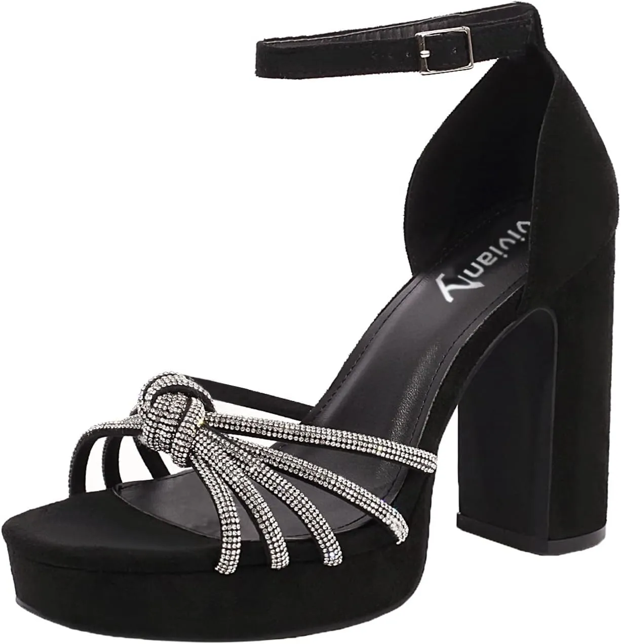 vivianly Women's Rhinestone Platform Chunky Heels Square Toe Suede High Heeled Sandals Ankle Strap Adjustable Buckle Pumps