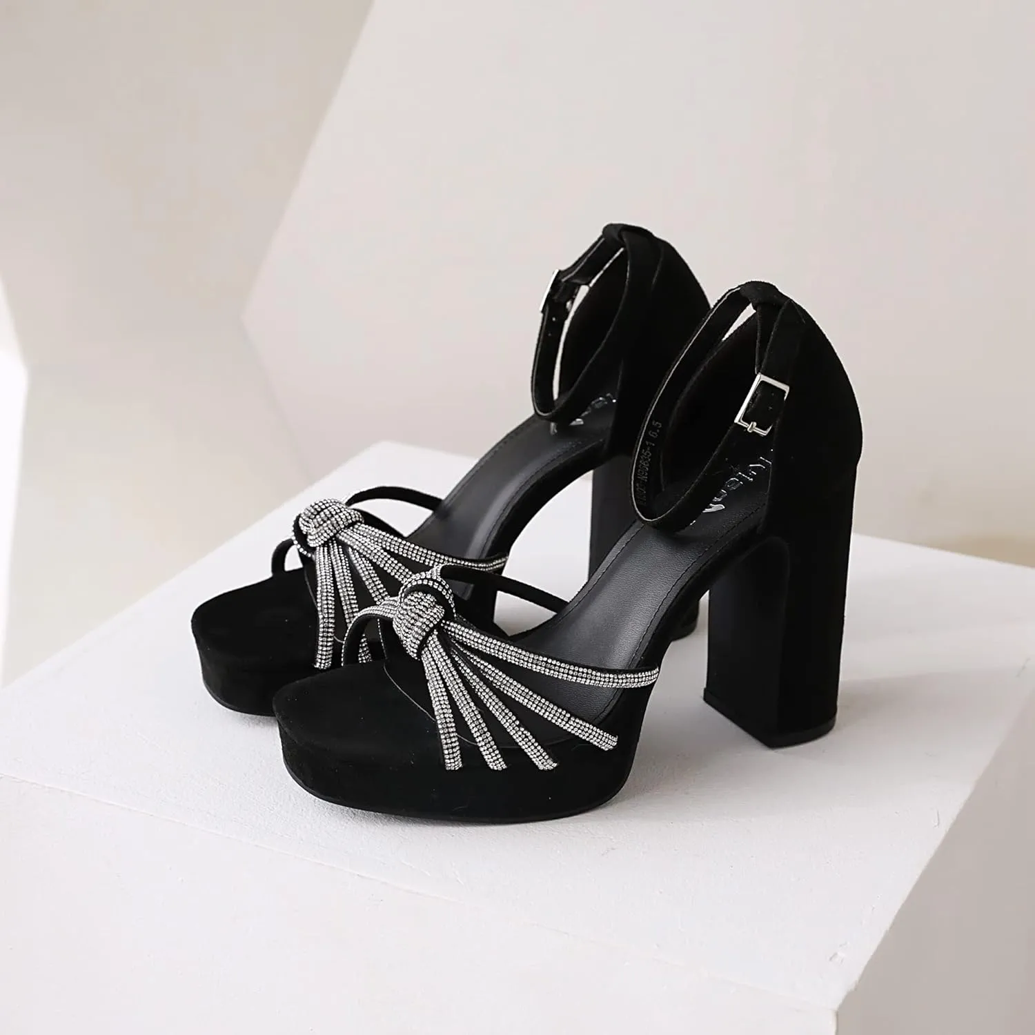 vivianly Women's Rhinestone Platform Chunky Heels Square Toe Suede High Heeled Sandals Ankle Strap Adjustable Buckle Pumps