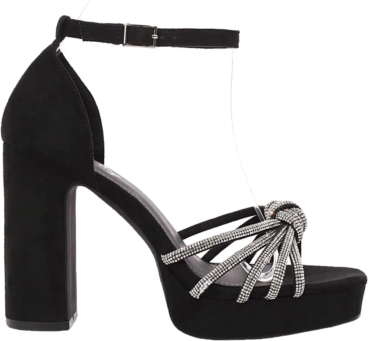 vivianly Women's Rhinestone Platform Chunky Heels Square Toe Suede High Heeled Sandals Ankle Strap Adjustable Buckle Pumps