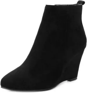 VOKLIN Women's Pointed Toe Chunky Wedge High Heel Ankle Boots Vegan Suede Side Zipper Dressy Short Booties