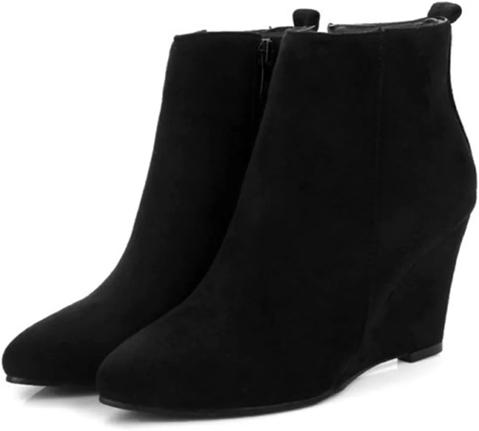 VOKLIN Women's Pointed Toe Chunky Wedge High Heel Ankle Boots Vegan Suede Side Zipper Dressy Short Booties