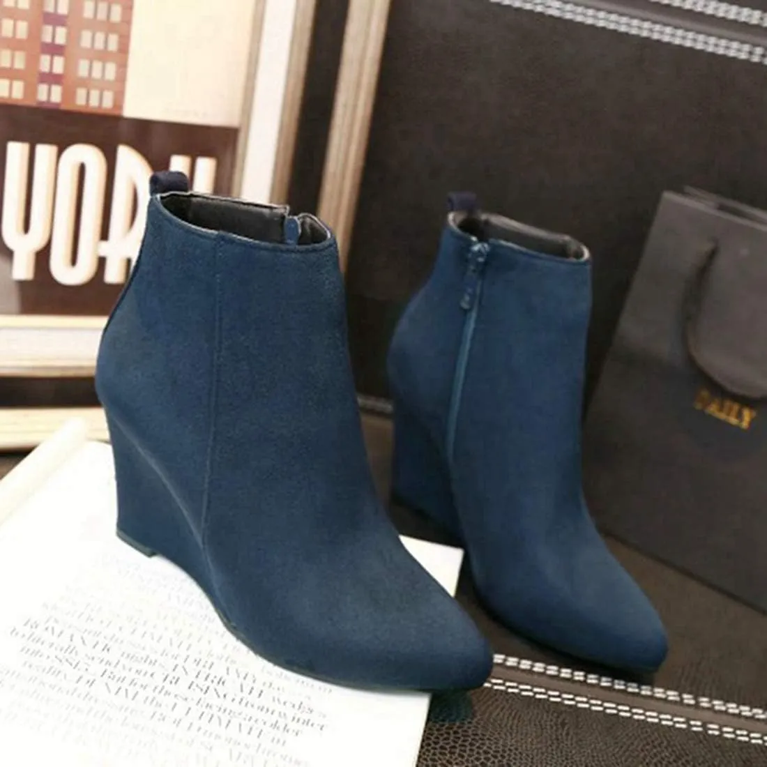 VOKLIN Women's Pointed Toe Chunky Wedge High Heel Ankle Boots Vegan Suede Side Zipper Dressy Short Booties