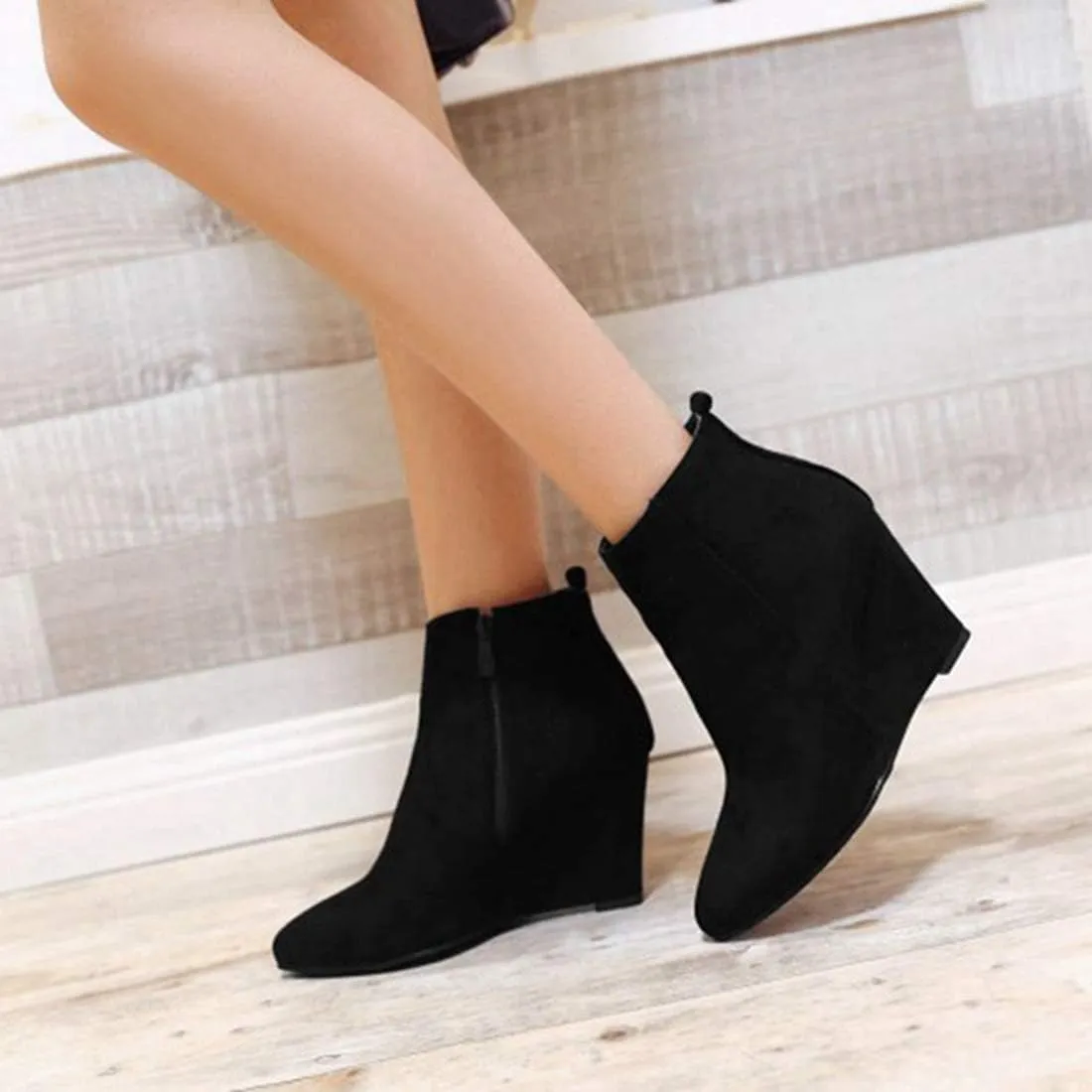 VOKLIN Women's Pointed Toe Chunky Wedge High Heel Ankle Boots Vegan Suede Side Zipper Dressy Short Booties