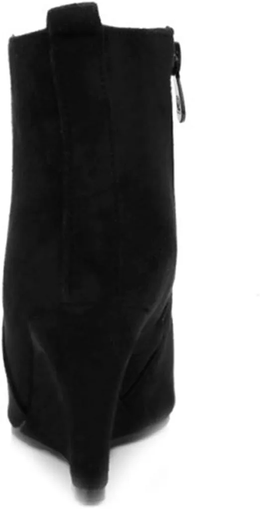 VOKLIN Women's Pointed Toe Chunky Wedge High Heel Ankle Boots Vegan Suede Side Zipper Dressy Short Booties