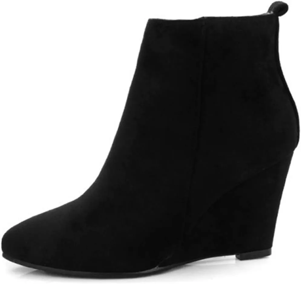 VOKLIN Women's Pointed Toe Chunky Wedge High Heel Ankle Boots Vegan Suede Side Zipper Dressy Short Booties