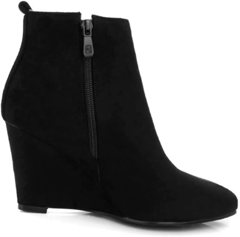 VOKLIN Women's Pointed Toe Chunky Wedge High Heel Ankle Boots Vegan Suede Side Zipper Dressy Short Booties