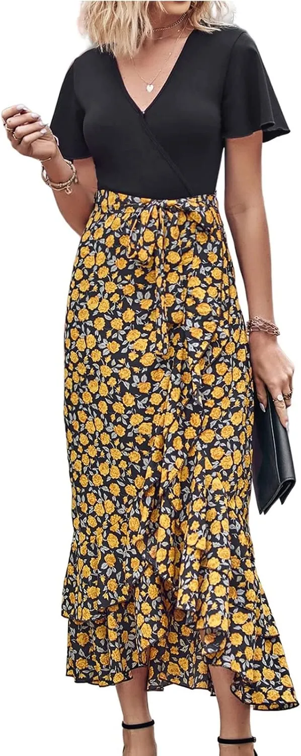 Wedding Guest Dresses for Women Summer Wrap V Neck Maxi Dress Short Sleeve Tie Waist Floral Ruffle Hem Split Long Dress