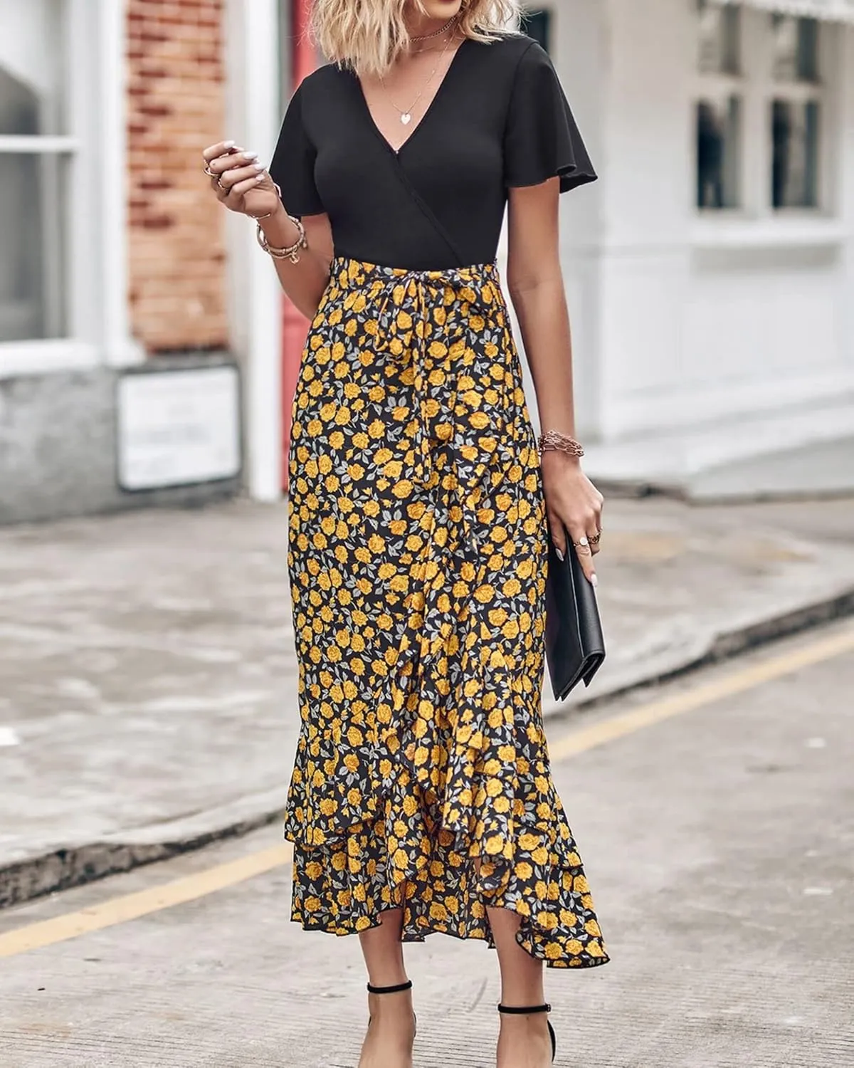 Wedding Guest Dresses for Women Summer Wrap V Neck Maxi Dress Short Sleeve Tie Waist Floral Ruffle Hem Split Long Dress