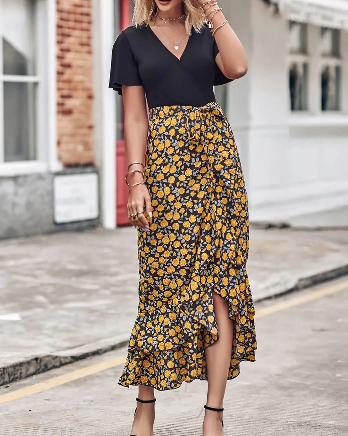 Wedding Guest Dresses for Women Summer Wrap V Neck Maxi Dress Short Sleeve Tie Waist Floral Ruffle Hem Split Long Dress