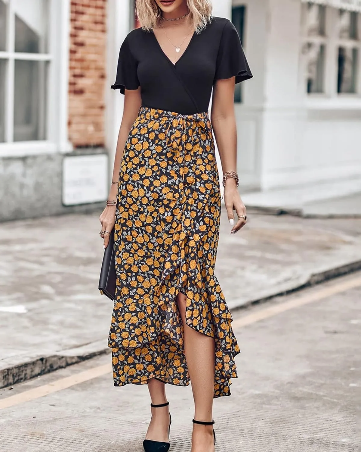 Wedding Guest Dresses for Women Summer Wrap V Neck Maxi Dress Short Sleeve Tie Waist Floral Ruffle Hem Split Long Dress