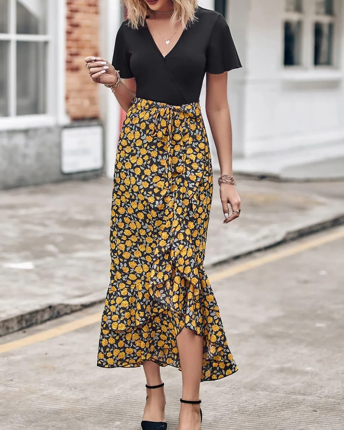 Wedding Guest Dresses for Women Summer Wrap V Neck Maxi Dress Short Sleeve Tie Waist Floral Ruffle Hem Split Long Dress