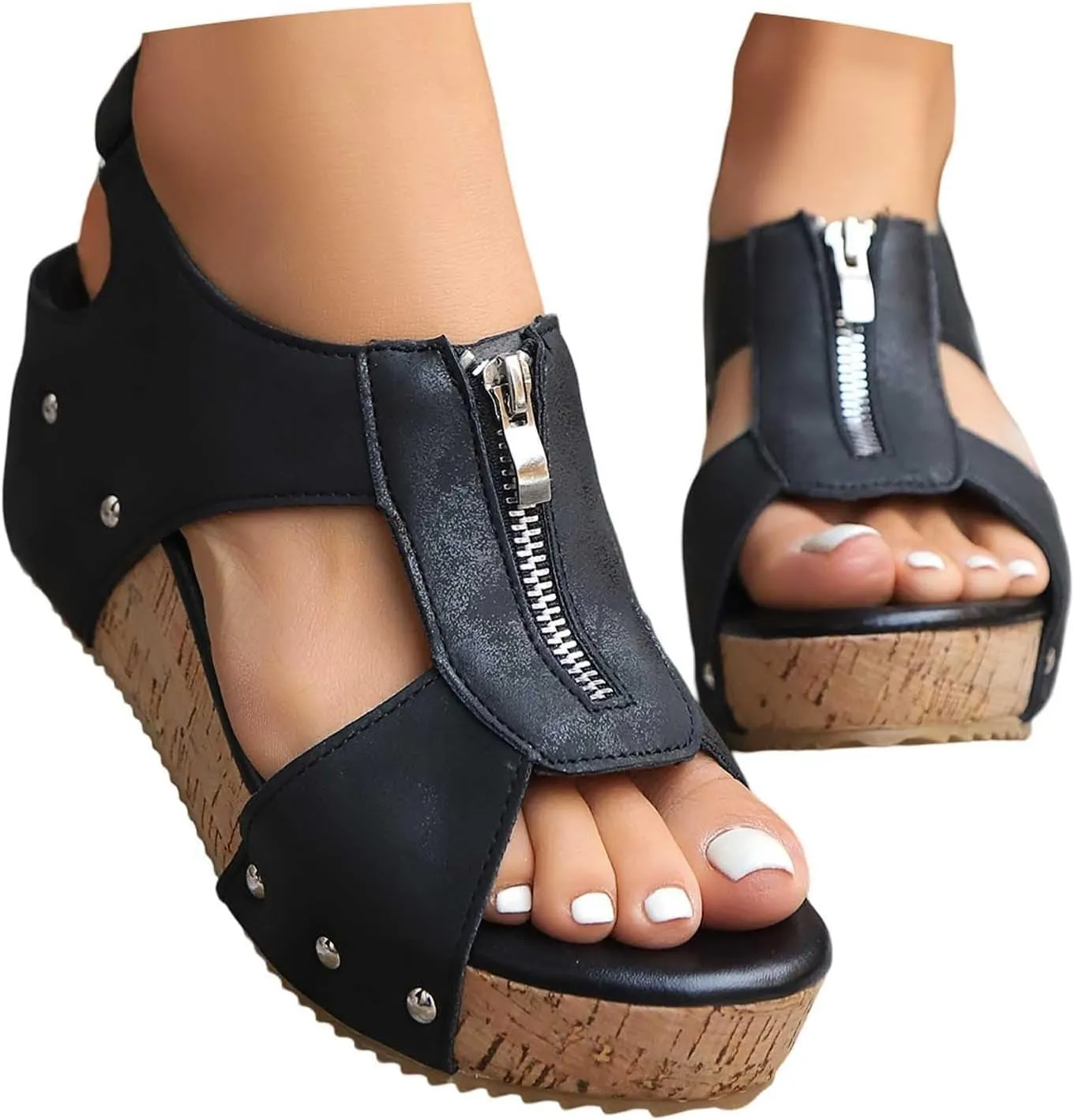 Wedge Sandals for Women Summer Casual Arch Support Shoes Comfortable Non-Slip Orthopedic Shoes Slip On Sandal with Zipped Dressy Platform Open Toe Sandals