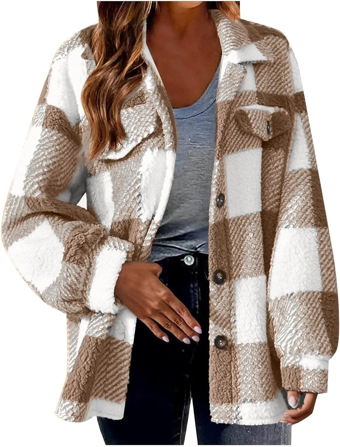Winter Jackets for Women Fashion Thick Plush Plaid Button Long Sleeve Jacket Casual Sports Fleece Top with Pocket