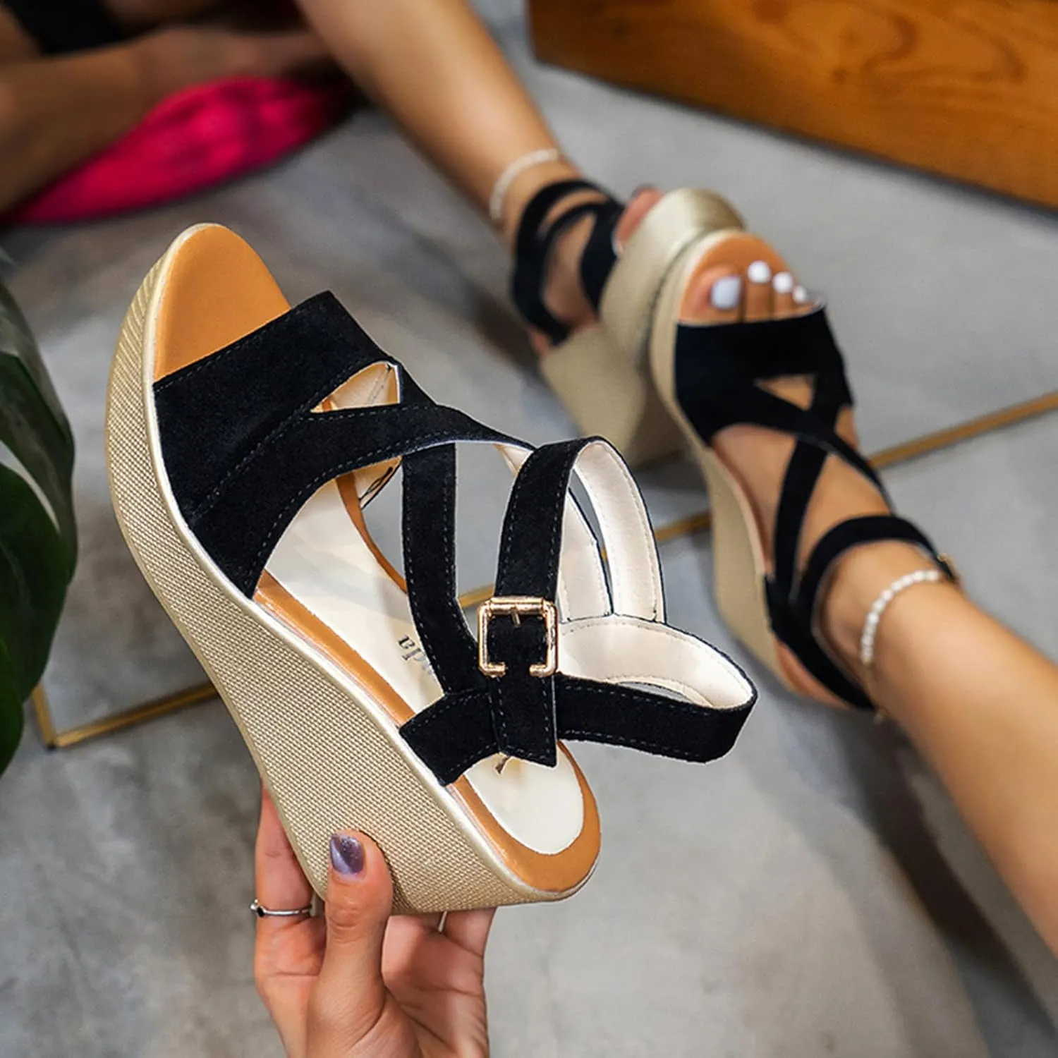 Woman Sandals Comfortable Casual Open Toes Wedges Sandals Braided Solid Color High Suede Buckle Prom Party Dress Shoes