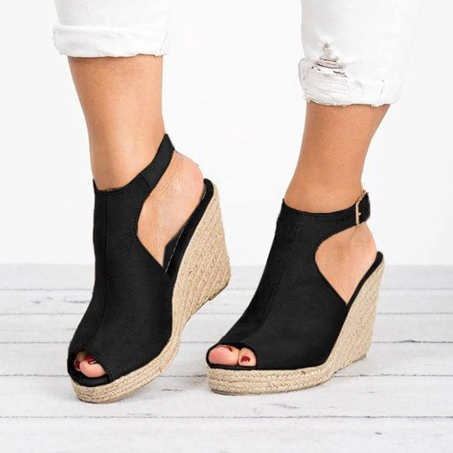 Woman Sandals Comfortable Casual Open Toes Wedges Sandals Braided Solid Color High Suede Buckle Prom Party Dress Shoes