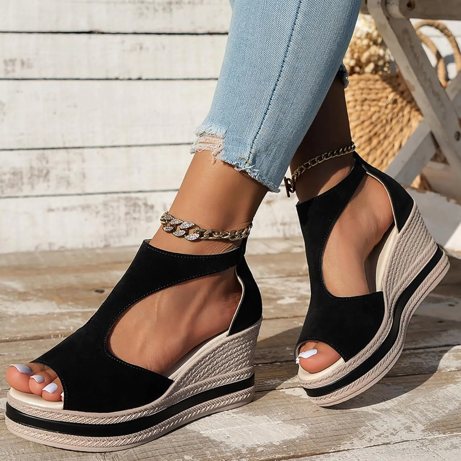 Woman Sandals Comfortable Casual Open Toes Wedges Sandals Braided Solid Color High Suede Buckle Prom Party Dress Shoes