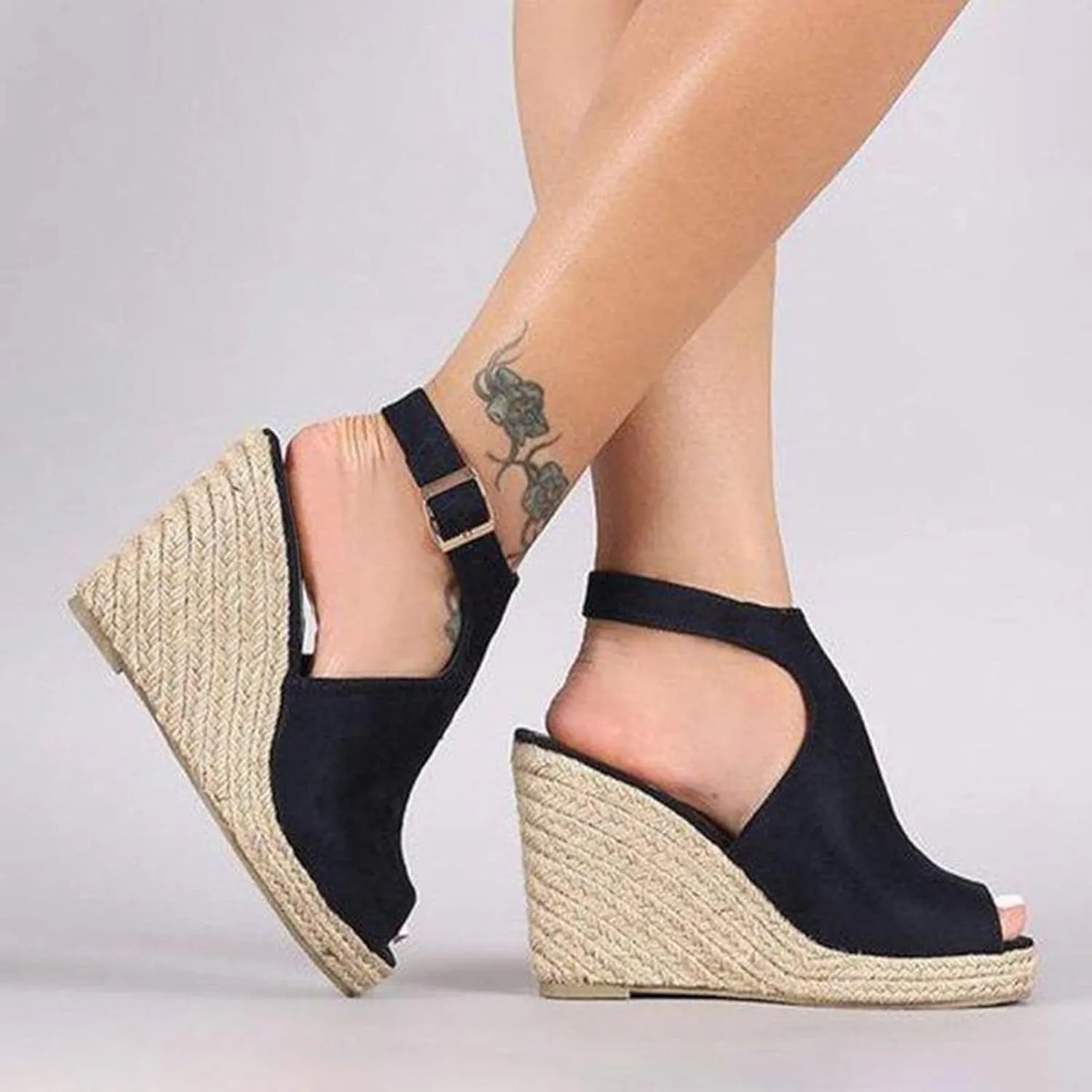 Woman Sandals Comfortable Casual Open Toes Wedges Sandals Braided Solid Color High Suede Buckle Prom Party Dress Shoes