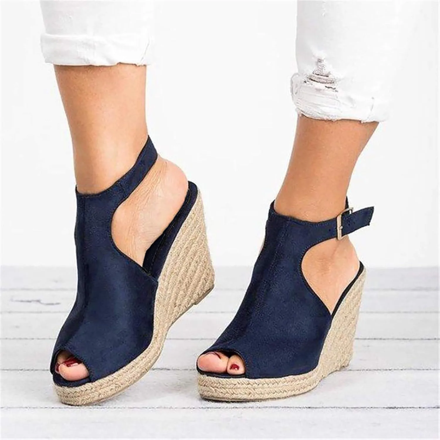 Woman Sandals Comfortable Casual Open Toes Wedges Sandals Braided Solid Color High Suede Buckle Prom Party Dress Shoes