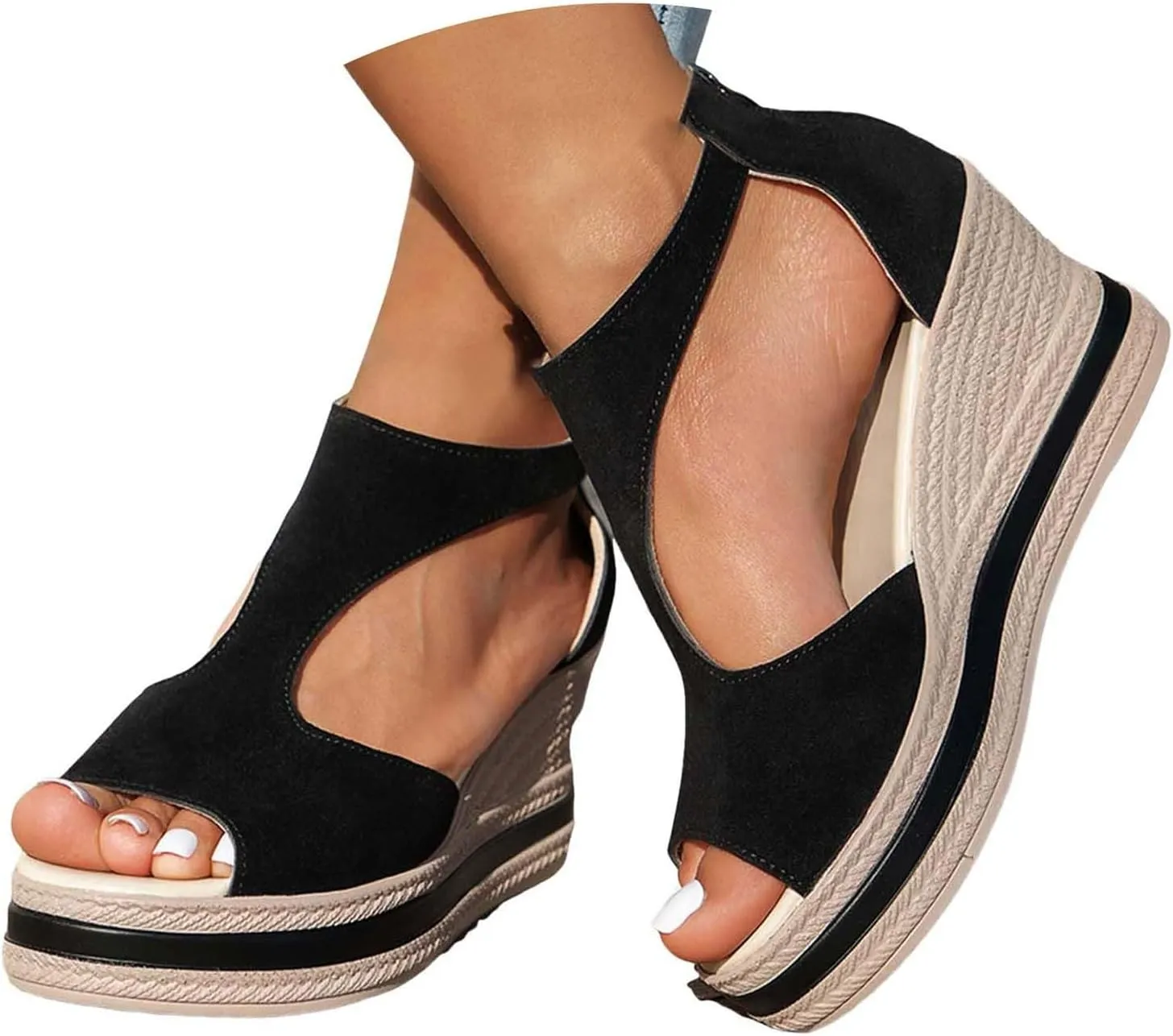 Woman Sandals Comfortable Casual Open Toes Wedges Sandals Braided Solid Color High Suede Buckle Prom Party Dress Shoes