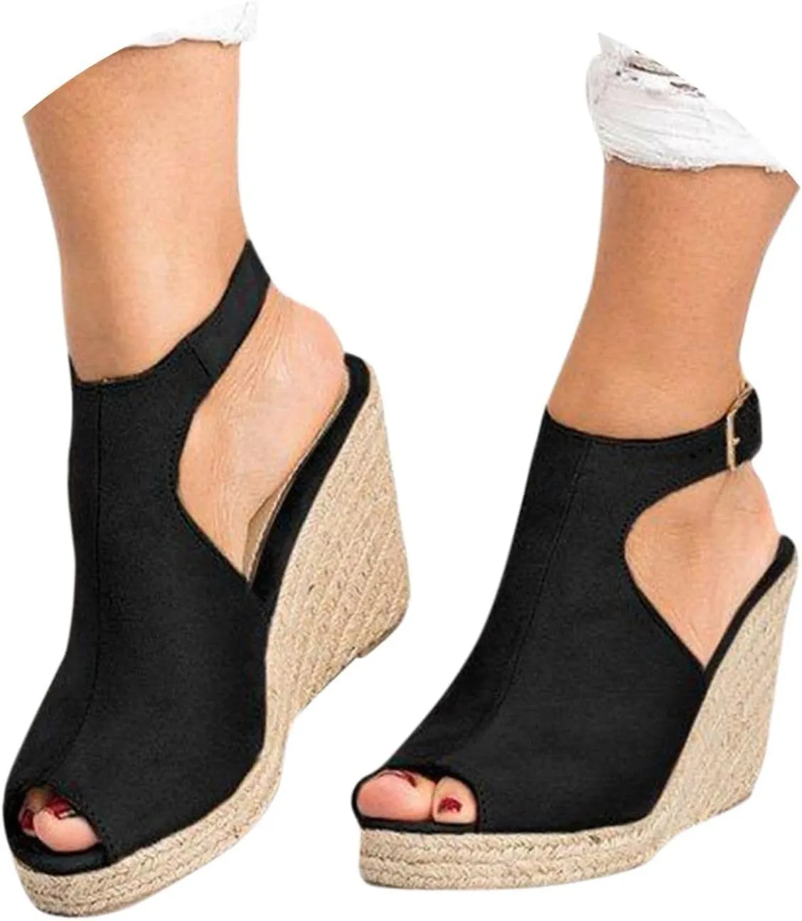 Woman Sandals Comfortable Casual Open Toes Wedges Sandals Braided Solid Color High Suede Buckle Prom Party Dress Shoes