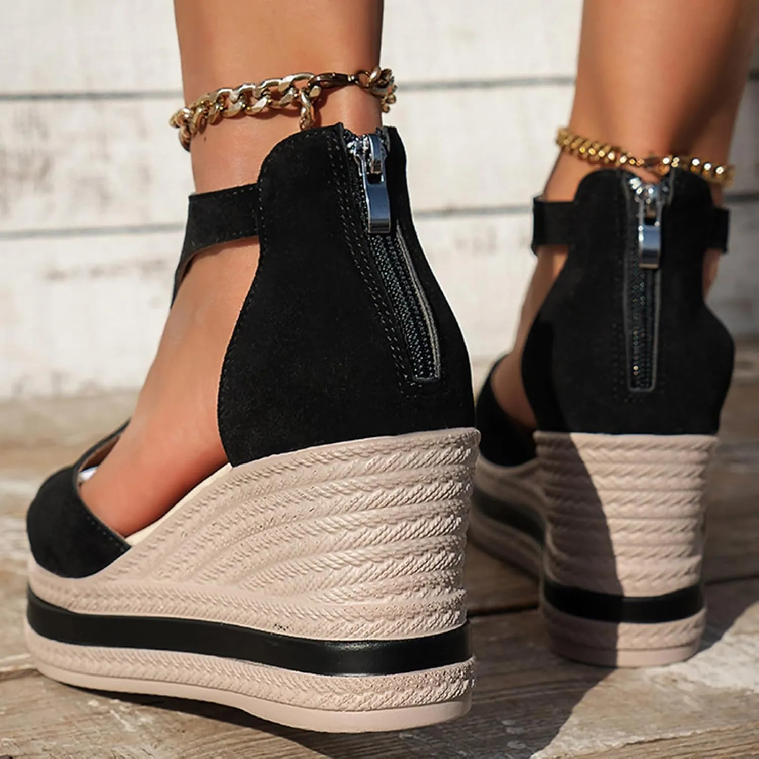 Woman Sandals Comfortable Casual Open Toes Wedges Sandals Braided Solid Color High Suede Buckle Prom Party Dress Shoes