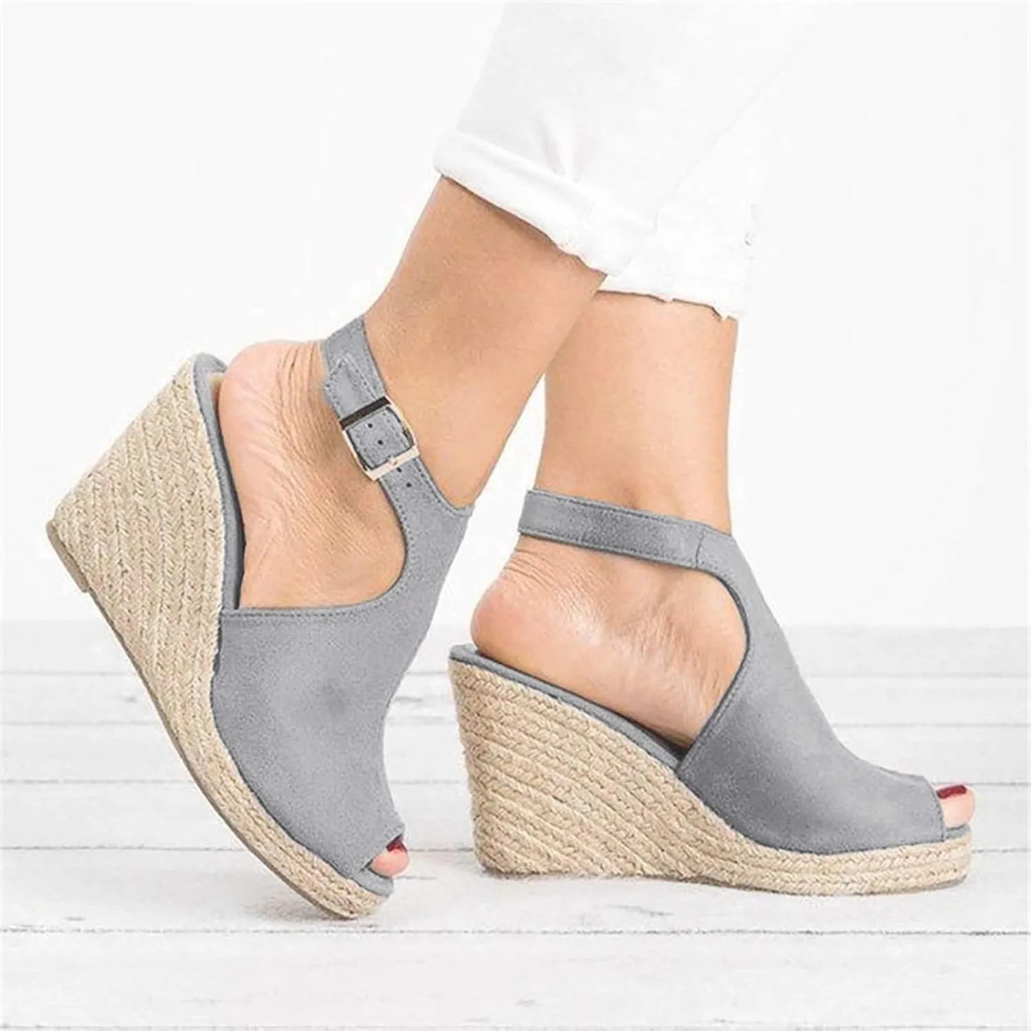 Woman Sandals Comfortable Casual Open Toes Wedges Sandals Braided Solid Color High Suede Buckle Prom Party Dress Shoes