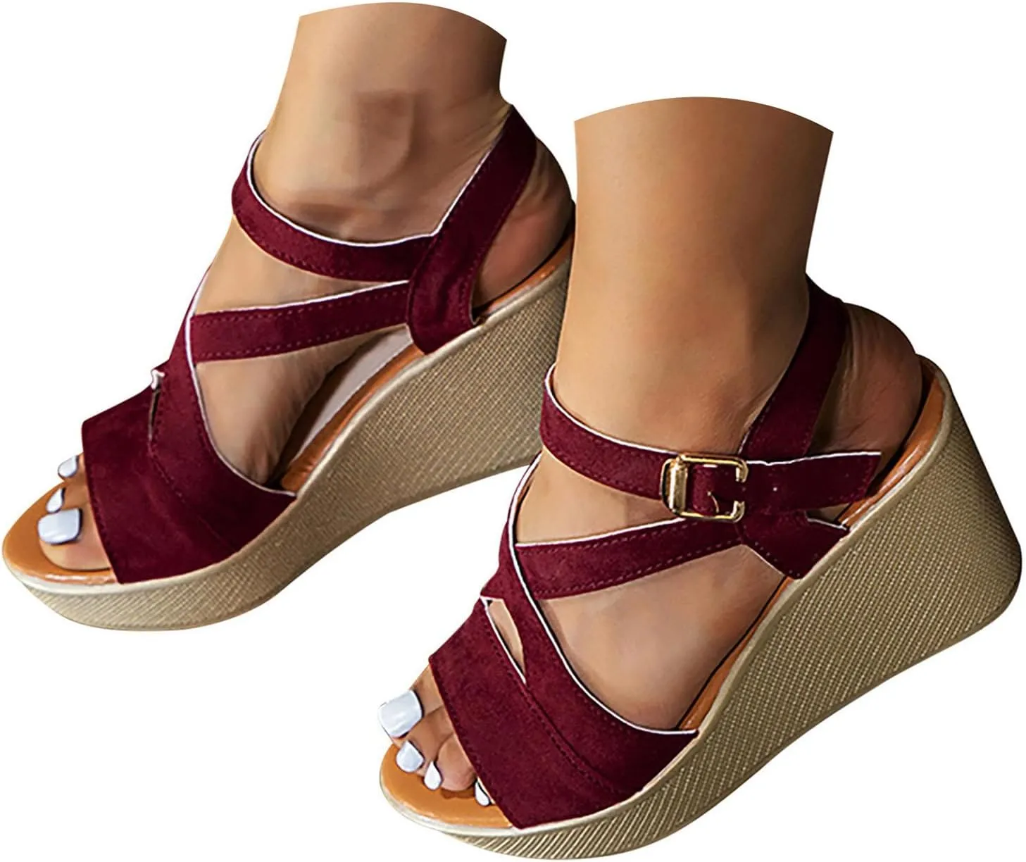 Woman Sandals Comfortable Casual Open Toes Wedges Sandals Braided Solid Color High Suede Buckle Prom Party Dress Shoes