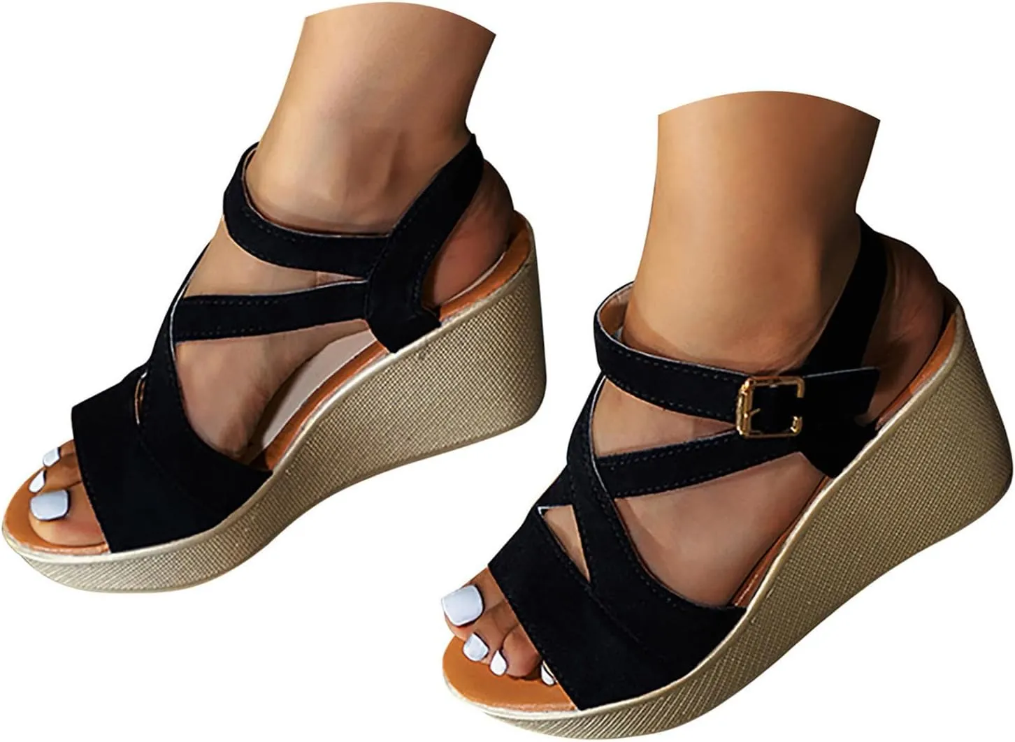 Woman Sandals Comfortable Casual Open Toes Wedges Sandals Braided Solid Color High Suede Buckle Prom Party Dress Shoes