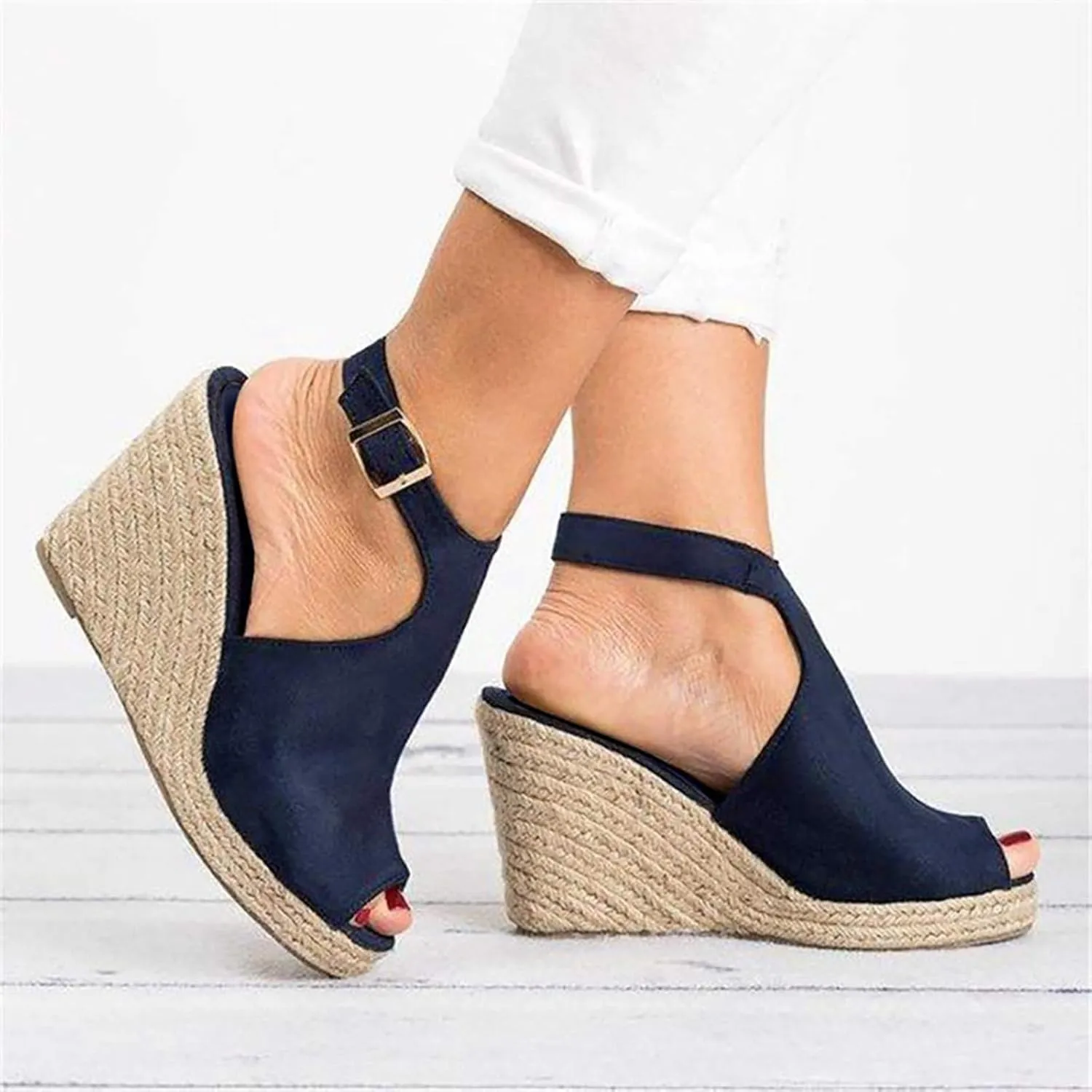 Woman Sandals Comfortable Casual Open Toes Wedges Sandals Braided Solid Color High Suede Buckle Prom Party Dress Shoes