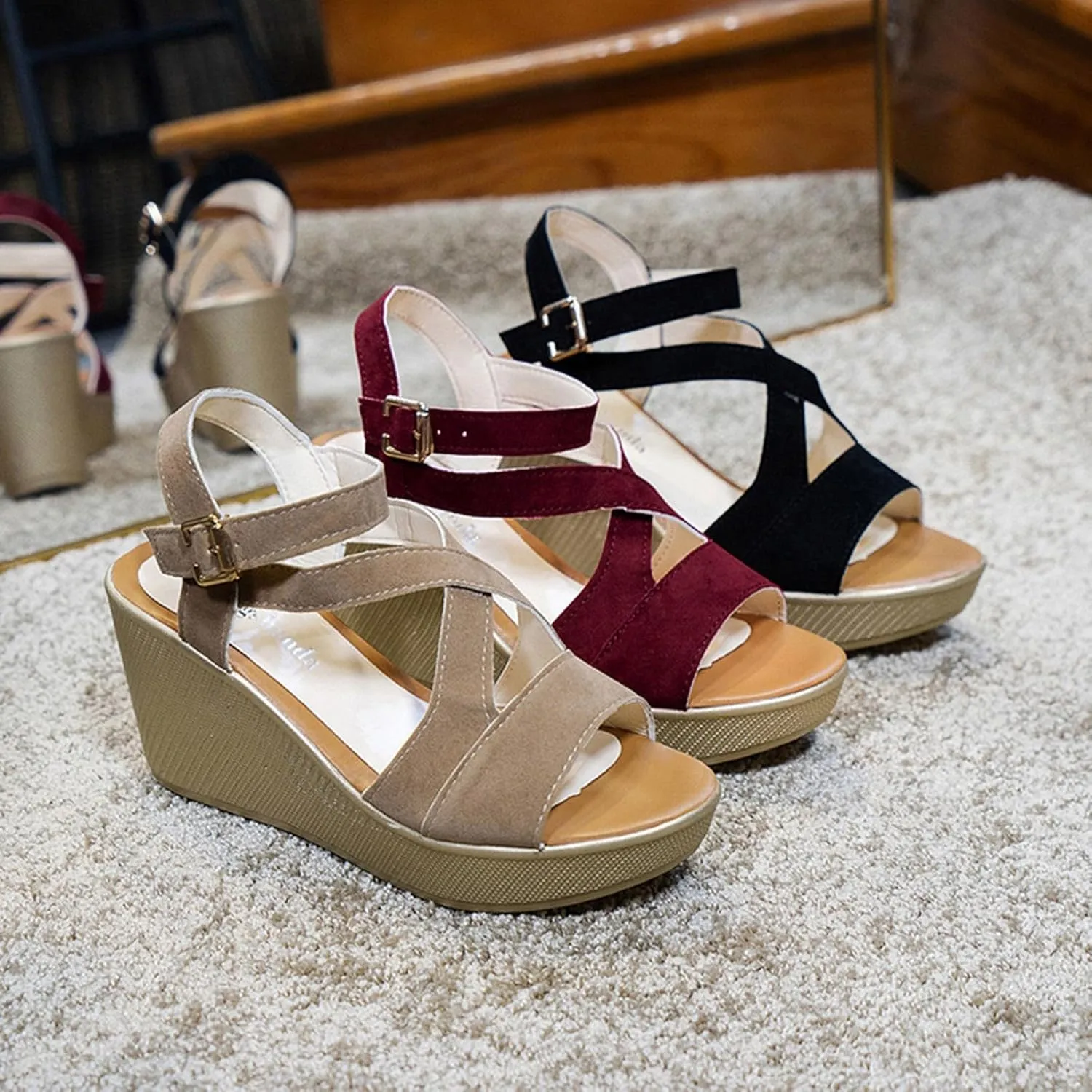 Woman Sandals Comfortable Casual Open Toes Wedges Sandals Braided Solid Color High Suede Buckle Prom Party Dress Shoes