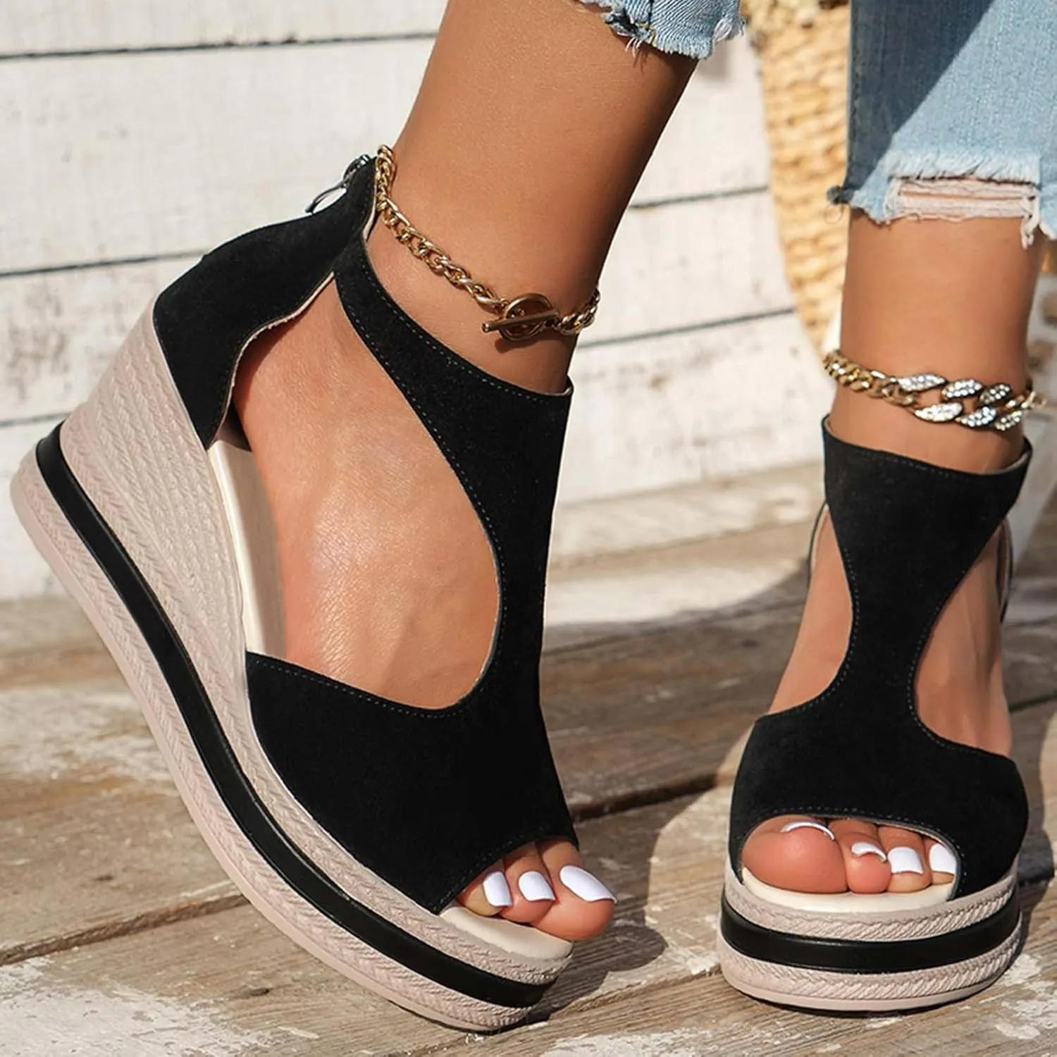 Woman Sandals Comfortable Casual Open Toes Wedges Sandals Braided Solid Color High Suede Buckle Prom Party Dress Shoes