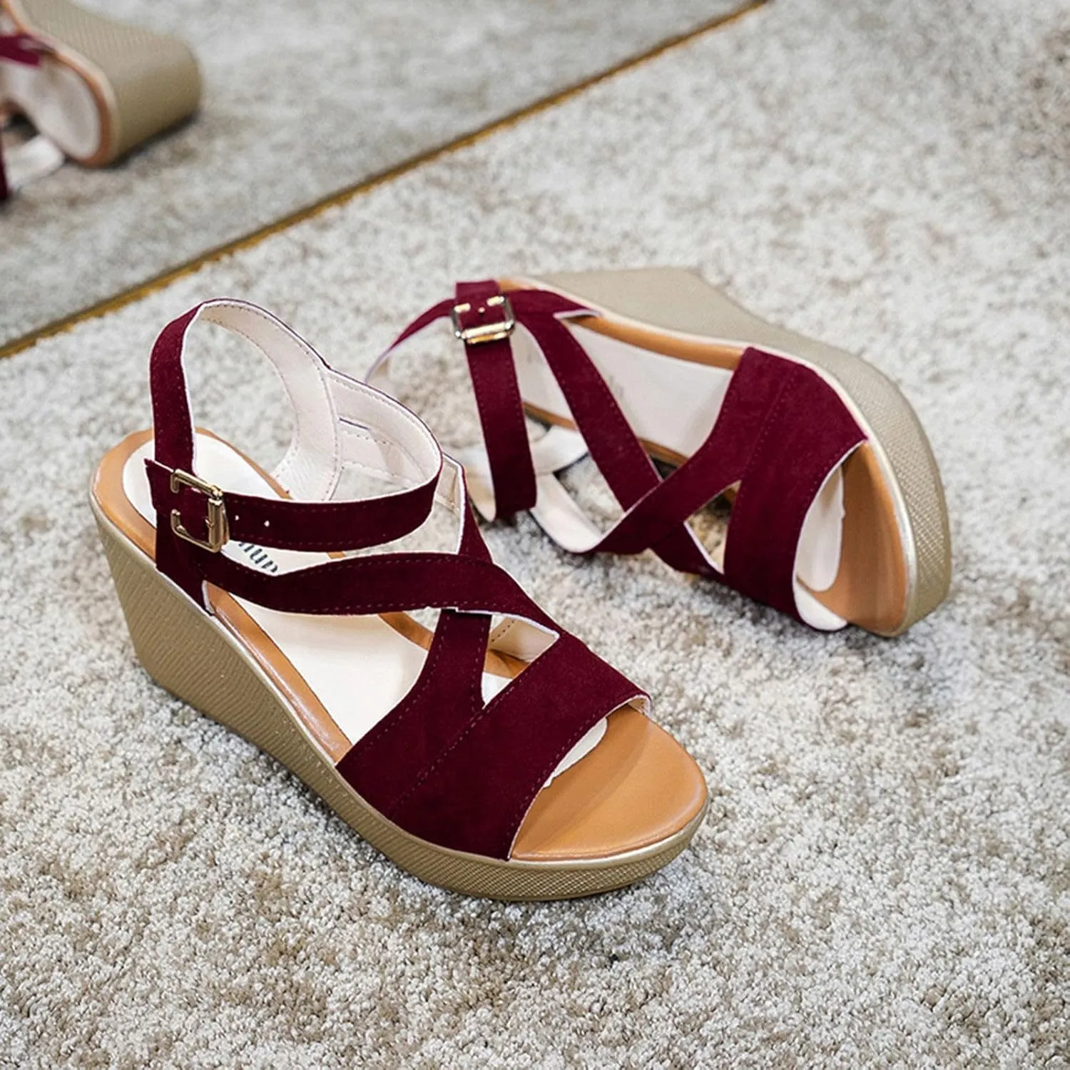 Woman Sandals Comfortable Casual Open Toes Wedges Sandals Braided Solid Color High Suede Buckle Prom Party Dress Shoes