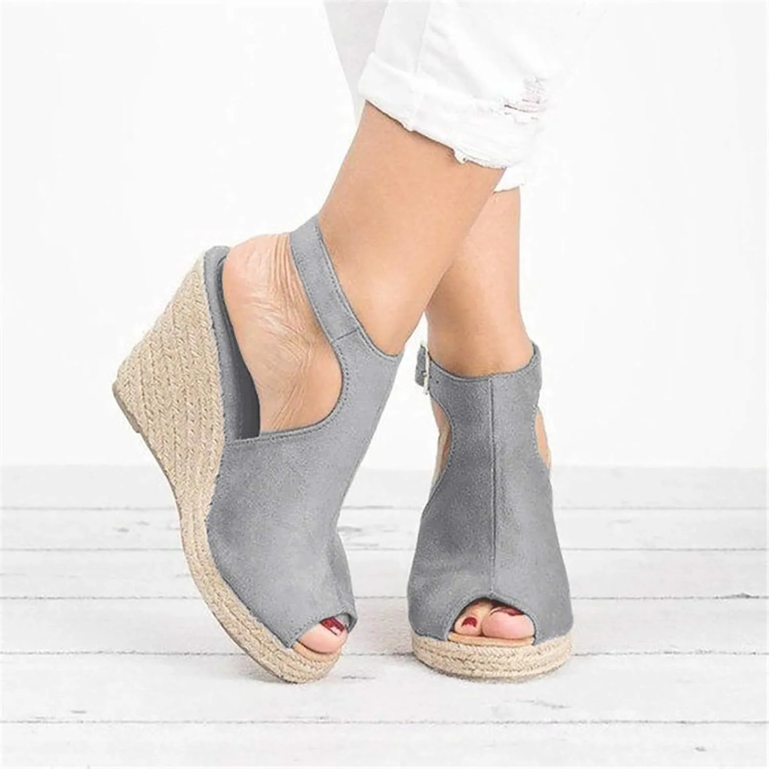 Woman Sandals Comfortable Casual Open Toes Wedges Sandals Braided Solid Color High Suede Buckle Prom Party Dress Shoes