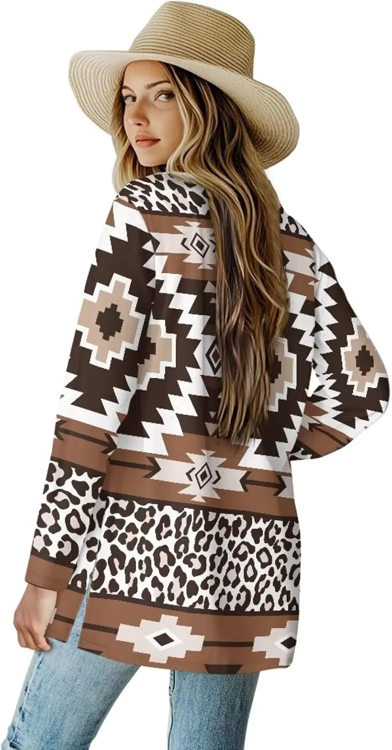 Woman Western Style Aztec Cardigan Long Sleeve Geometric Aztec Print Casual Lightweight Open Front Cardigan Coat