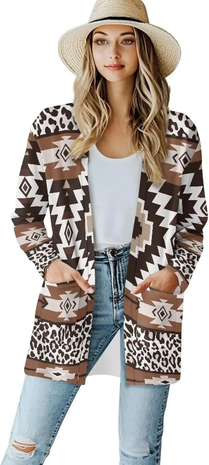 Woman Western Style Aztec Cardigan Long Sleeve Geometric Aztec Print Casual Lightweight Open Front Cardigan Coat