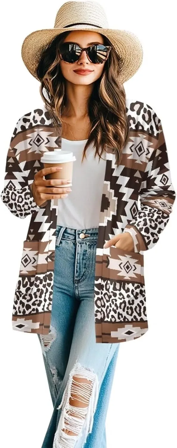Woman Western Style Aztec Cardigan Long Sleeve Geometric Aztec Print Casual Lightweight Open Front Cardigan Coat