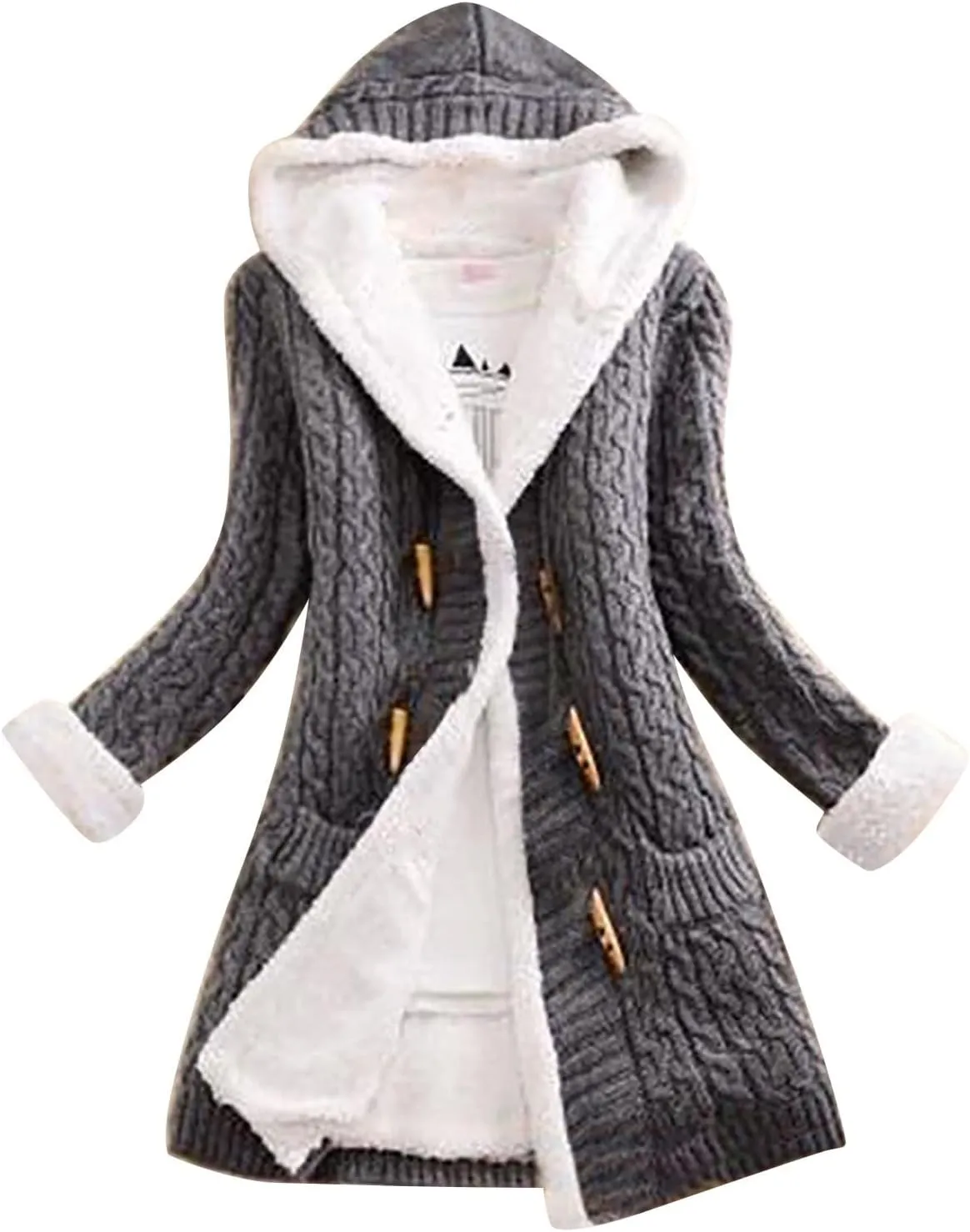 Women Casual Knit Button Long Sleeve Thick Warm Hooded Cardigan Coat Loose Long Sleeve Knit Lightweight Cardigans