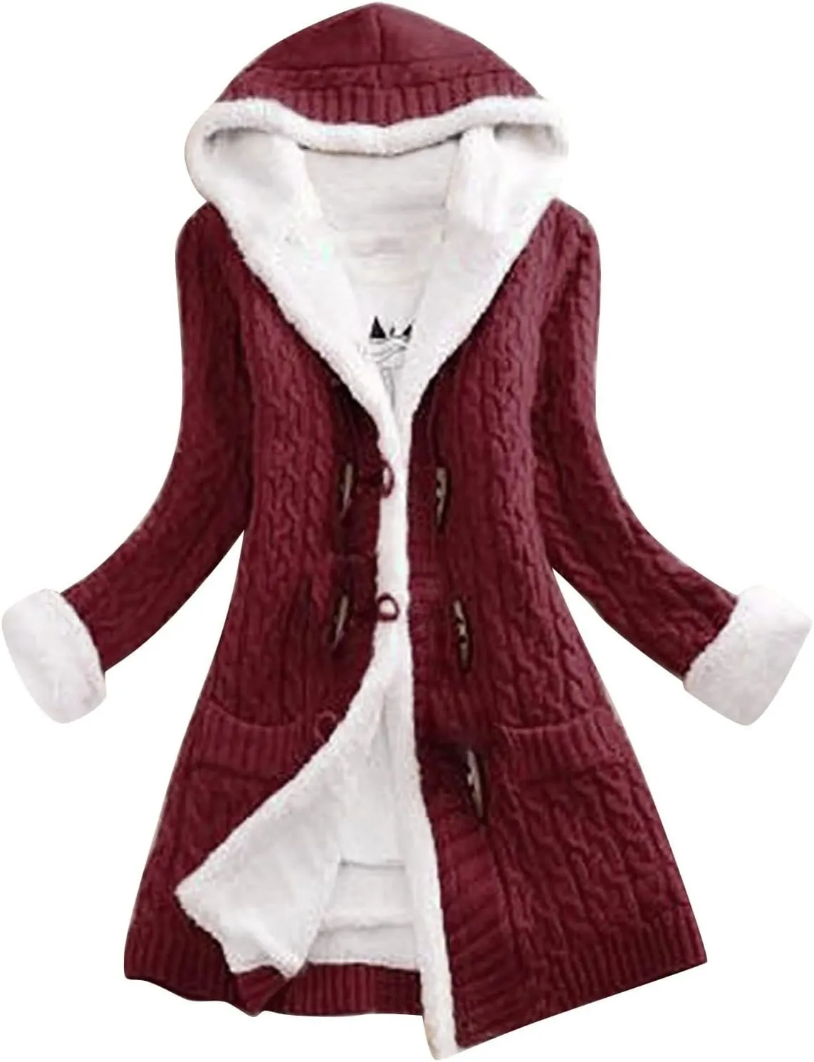 Women Casual Knit Button Long Sleeve Thick Warm Hooded Cardigan Coat Loose Long Sleeve Knit Lightweight Cardigans