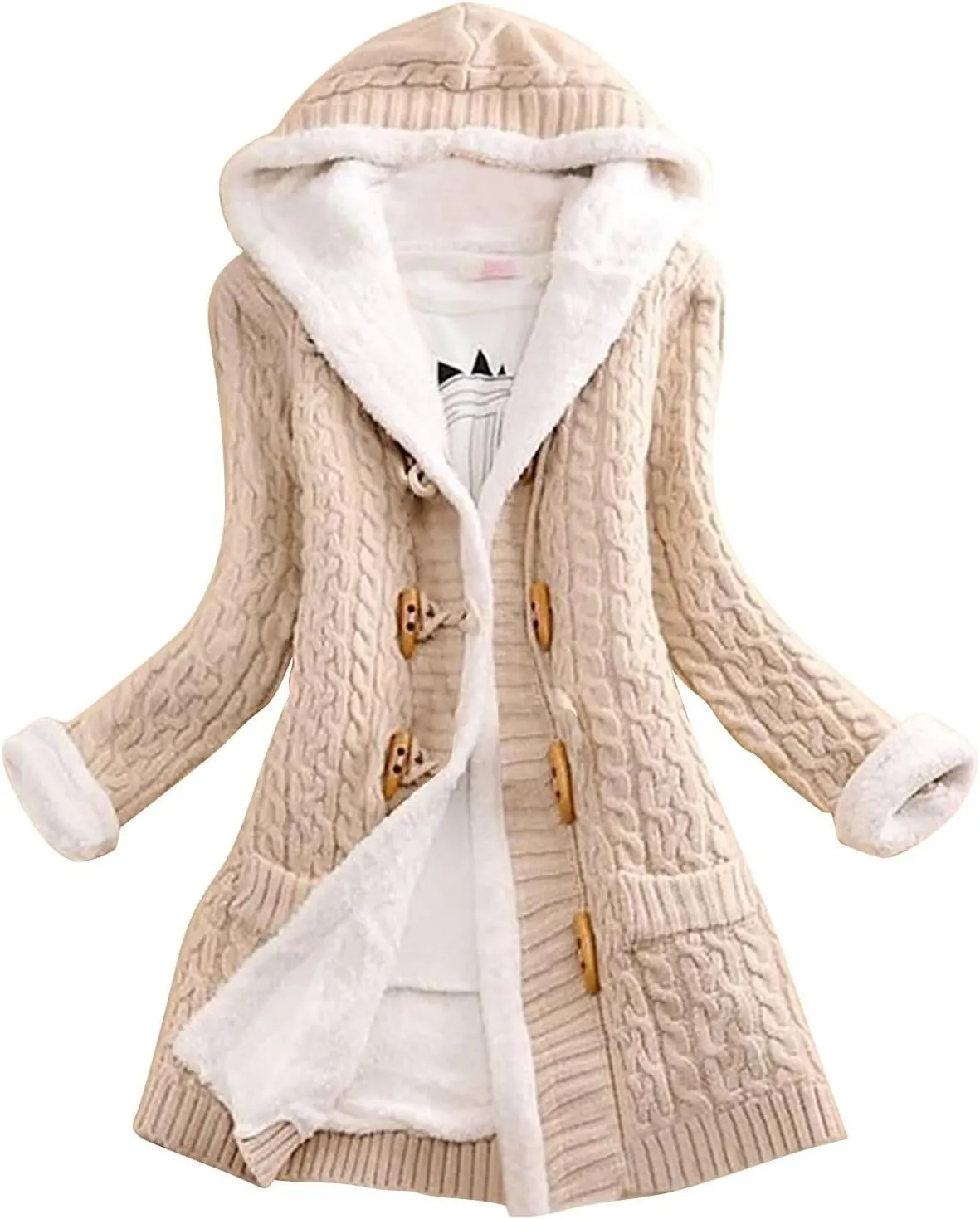 Women Casual Knit Button Long Sleeve Thick Warm Hooded Cardigan Coat Loose Long Sleeve Knit Lightweight Cardigans
