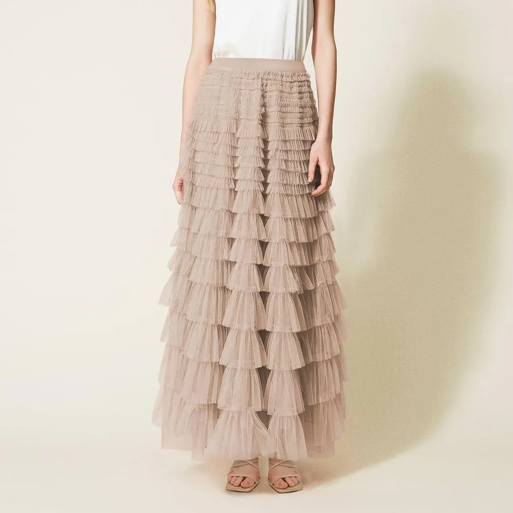 Women Elegant Layered Ruffles Mesh Tiered Skirt Sheer Mesh Lace Floral A Line High Waist Long Maxi Tulle Skirt