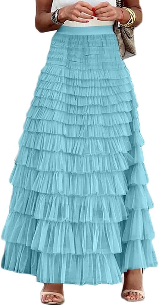 Women Elegant Layered Ruffles Mesh Tiered Skirt Sheer Mesh Lace Floral A Line High Waist Long Maxi Tulle Skirt