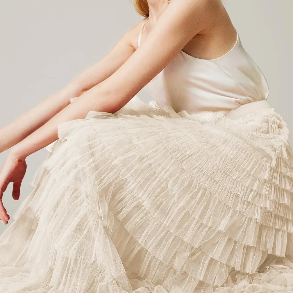 Women Elegant Layered Ruffles Mesh Tiered Skirt Sheer Mesh Lace Floral A Line High Waist Long Maxi Tulle Skirt