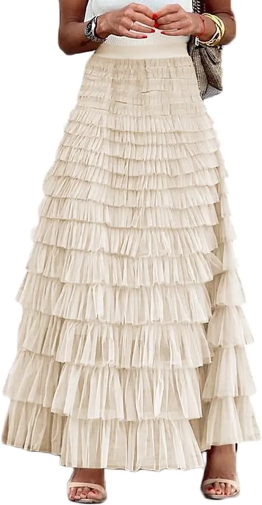 Women Elegant Layered Ruffles Mesh Tiered Skirt Sheer Mesh Lace Floral A Line High Waist Long Maxi Tulle Skirt