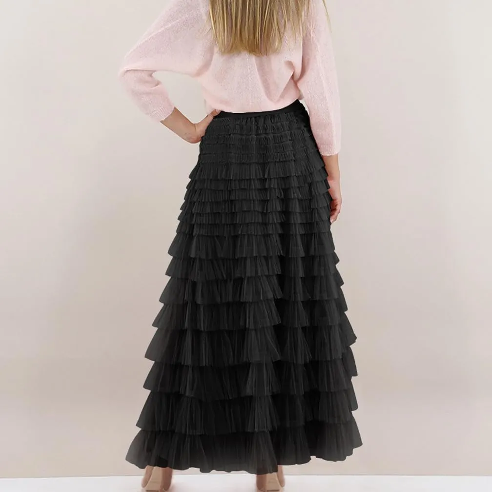 Women Elegant Layered Ruffles Mesh Tiered Skirt Sheer Mesh Lace Floral A Line High Waist Long Maxi Tulle Skirt