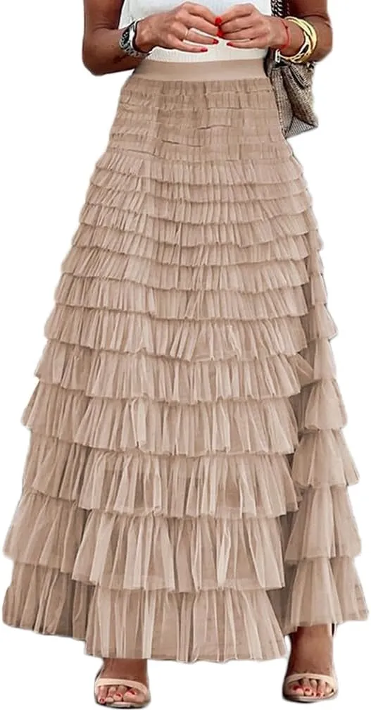 Women Elegant Layered Ruffles Mesh Tiered Skirt Sheer Mesh Lace Floral A Line High Waist Long Maxi Tulle Skirt